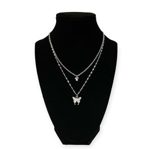 Sterling Silver Butterfly Double Layer Necklace with 10-Inch Chain Dual Pendant